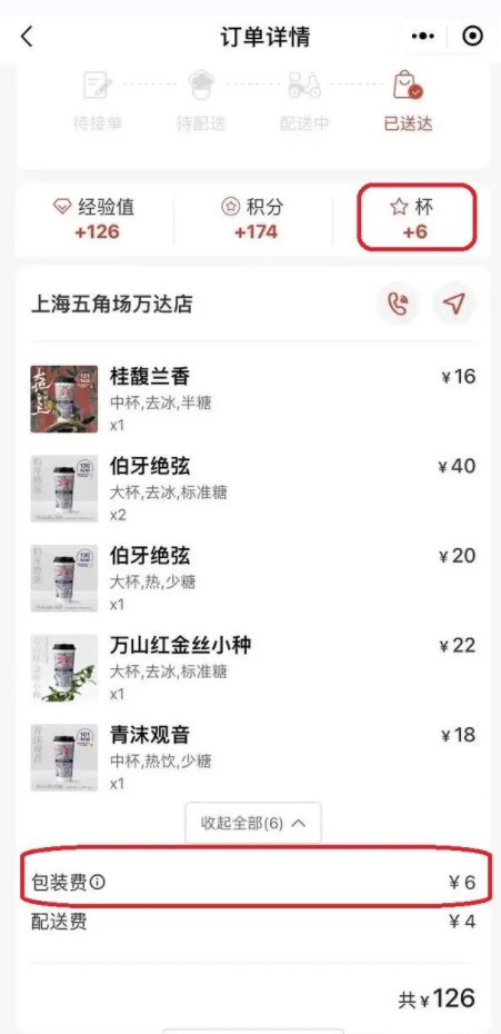 茶收6元包装费：包装费每杯1元ag旗舰厅霸王茶姬被曝6杯奶